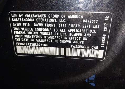 2017 Volkswagen Passat 1.8T S from USA, damaged, VIN 1VWAT7A32HC072189
